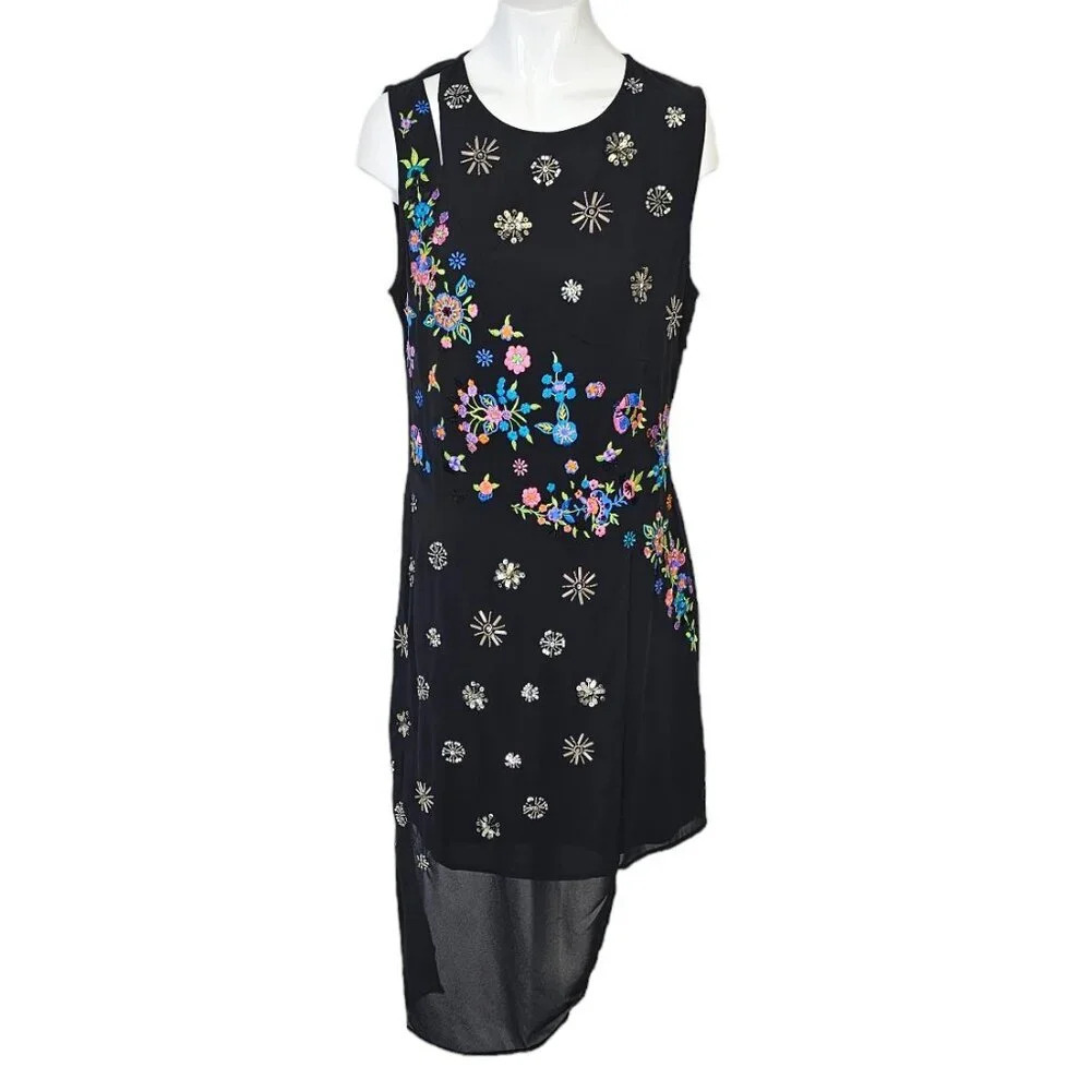 Desigual Womens Embroidered  Beaded Ayssemetrical Front Dress Size 38 US Small